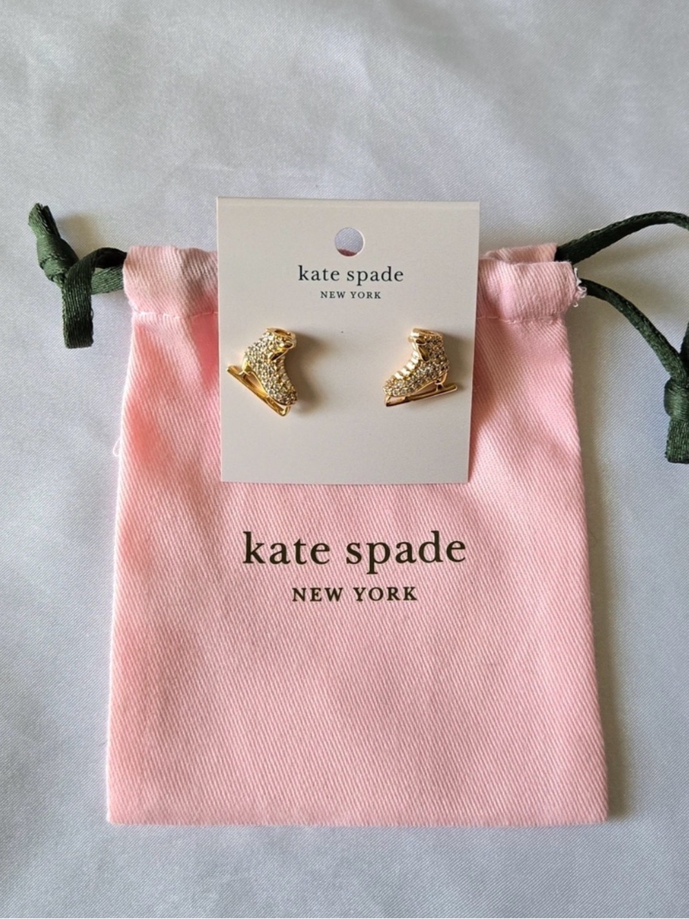 Kate Spade Snow Day Ice Skate Stud Earrings Gold Pavé Crystal NWT KA215